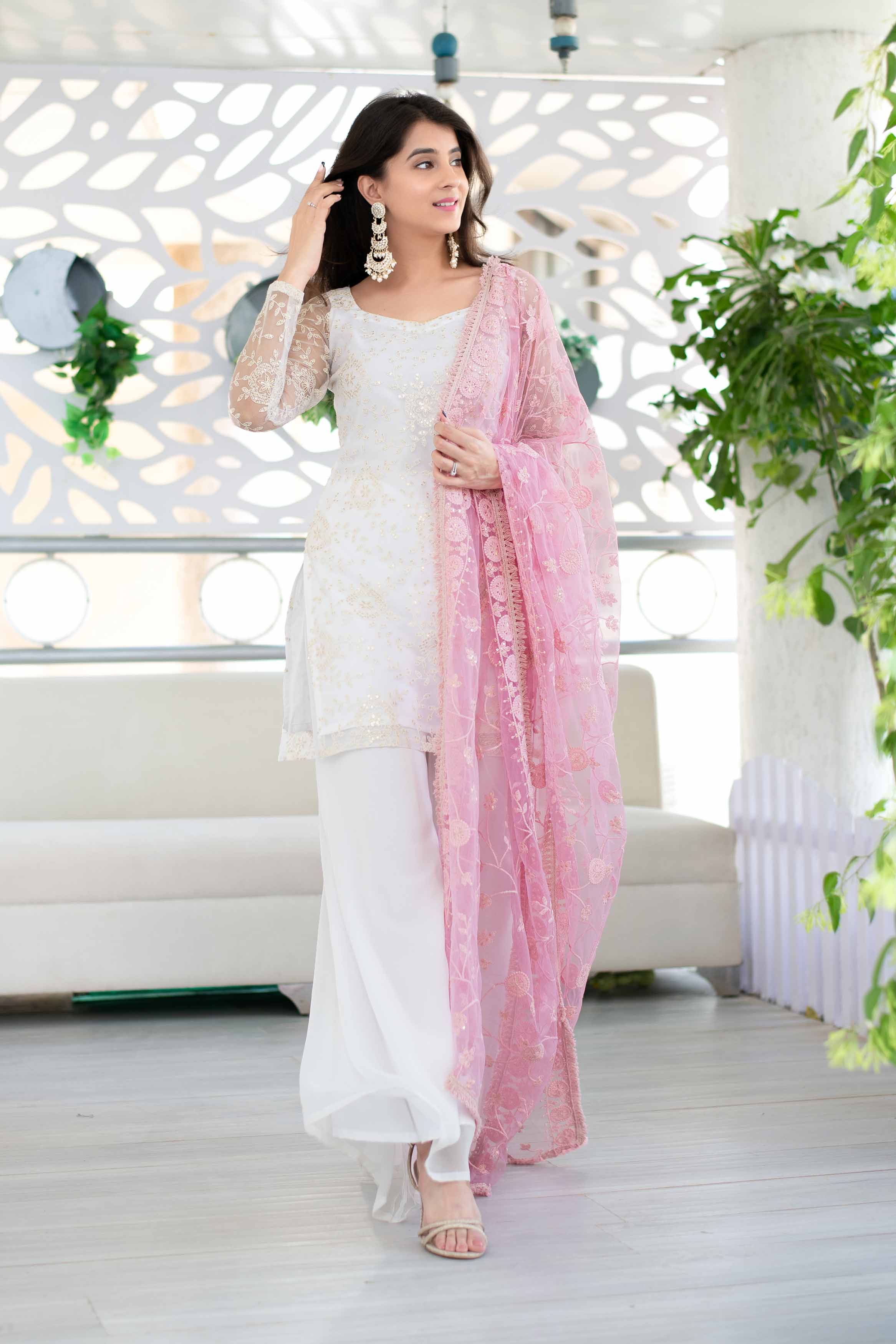 Women's White Thread Work Kurta Palazzo Dupatta Set