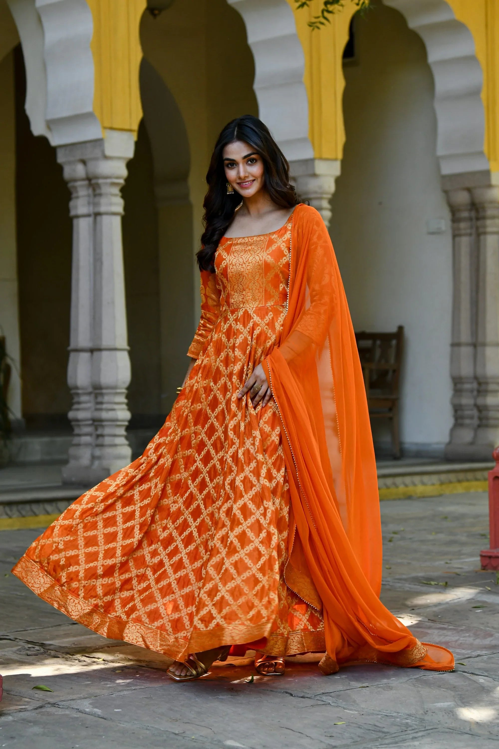 Women's Orange Silk Anarkali Gown With Dupatta