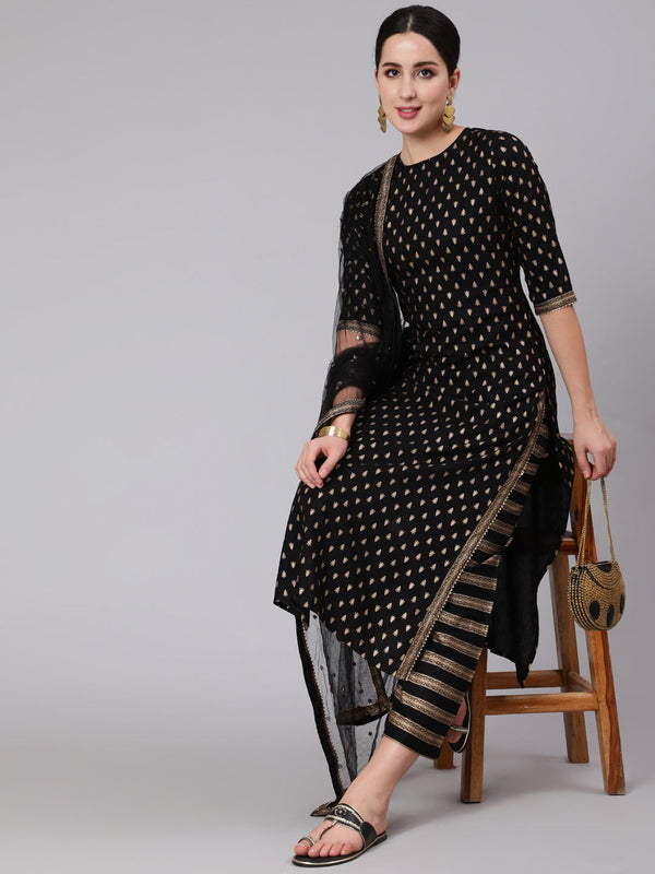 Women's Black and Gold Ethnic Printed Kurta Set