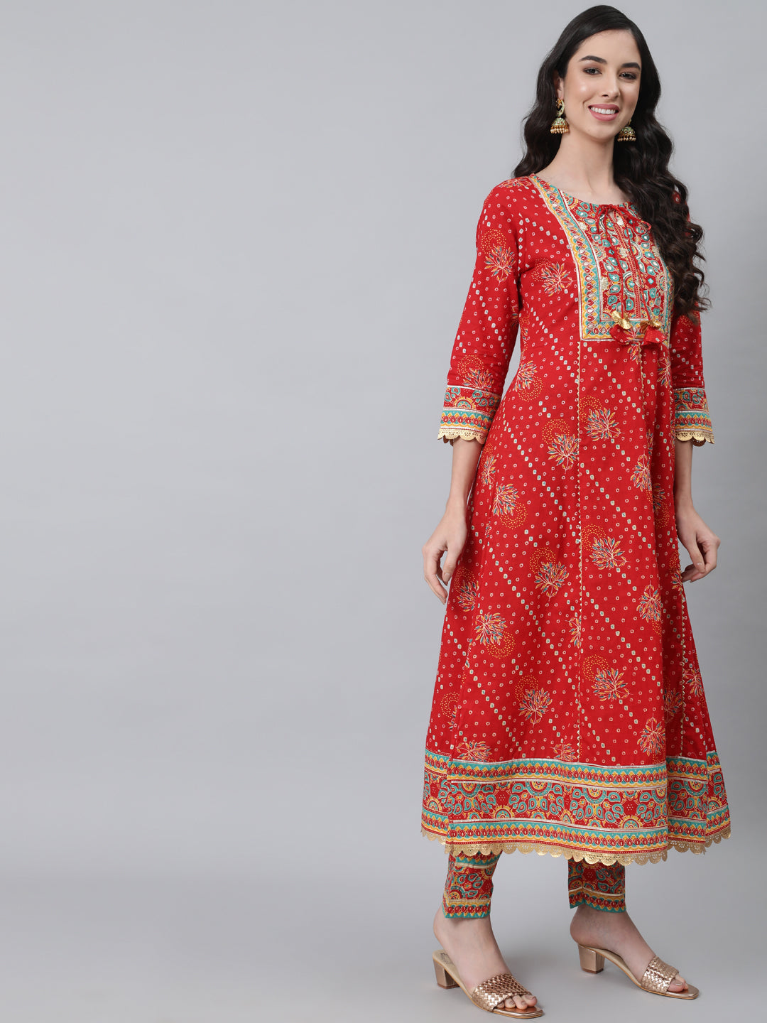 Women's Red Ethnic Motifs Yoke Cotton Kurta with Churidar  With Dupatta