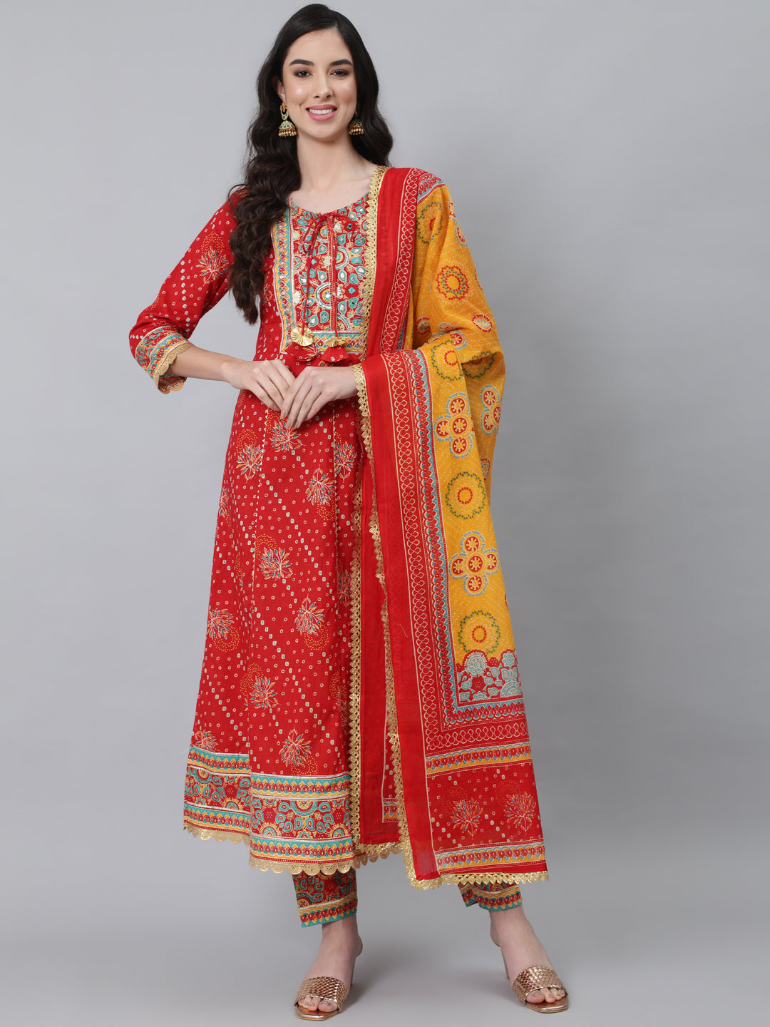 Women's Red Ethnic Motifs Yoke Cotton Kurta with Churidar  With Dupatta
