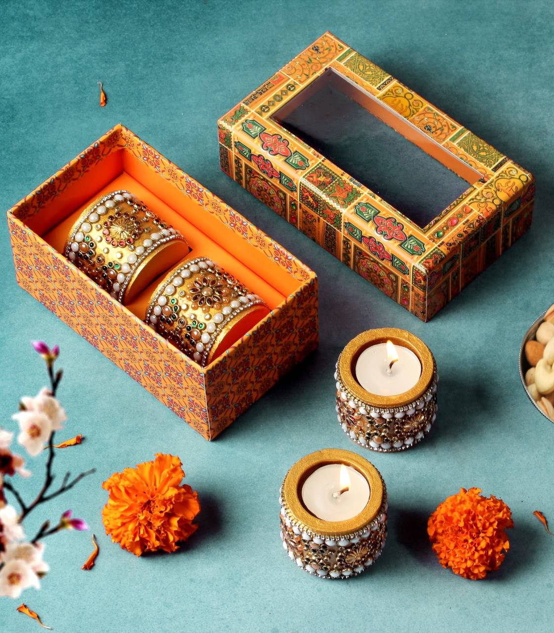 Wooden Stone Work Tea Light Holders Set of 2 with Premium Gift Box