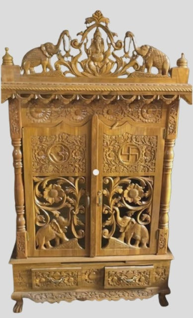 Handmade Teakwood Temple, Customizable Wooden Mandir with Carvings