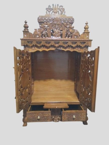 Handmade Teakwood Temple, Large Carved Mandir with Drawers