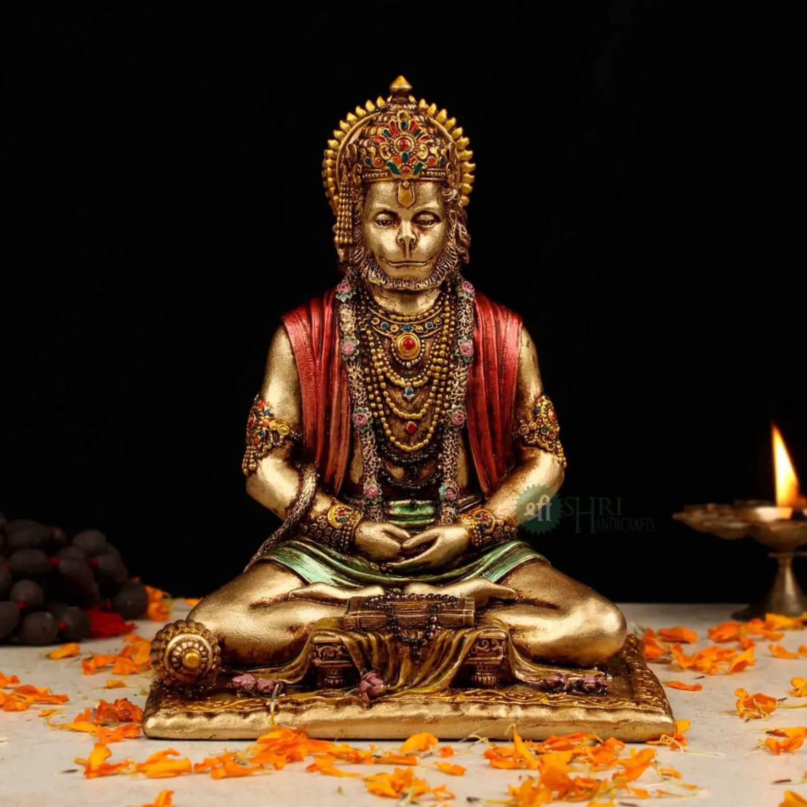 Resin Meditating Lord Hanuman Idol with Copper Finish – 8 Inch Hanuman Statue
