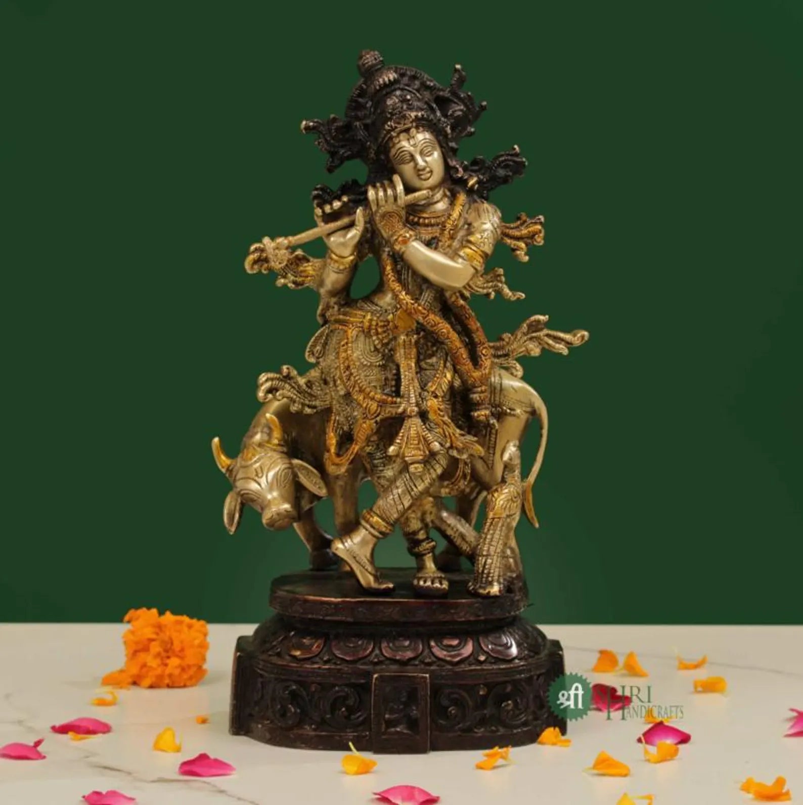 12 Inch Handcrafted Brass Krishna with Cow Idol