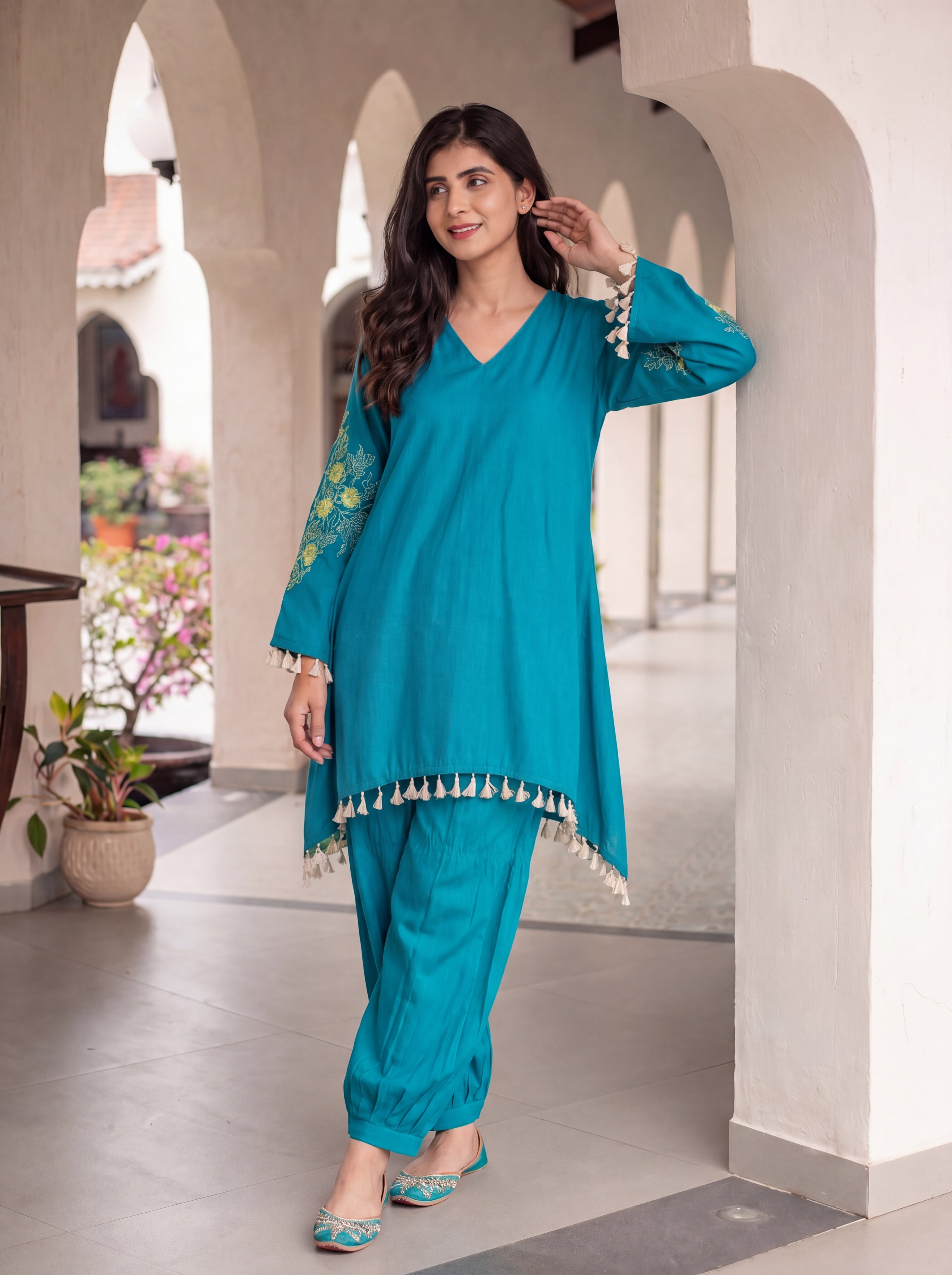 Women's Teal Blue Pure Muslin Floral Embroidered Sleeve Co-Ord Set