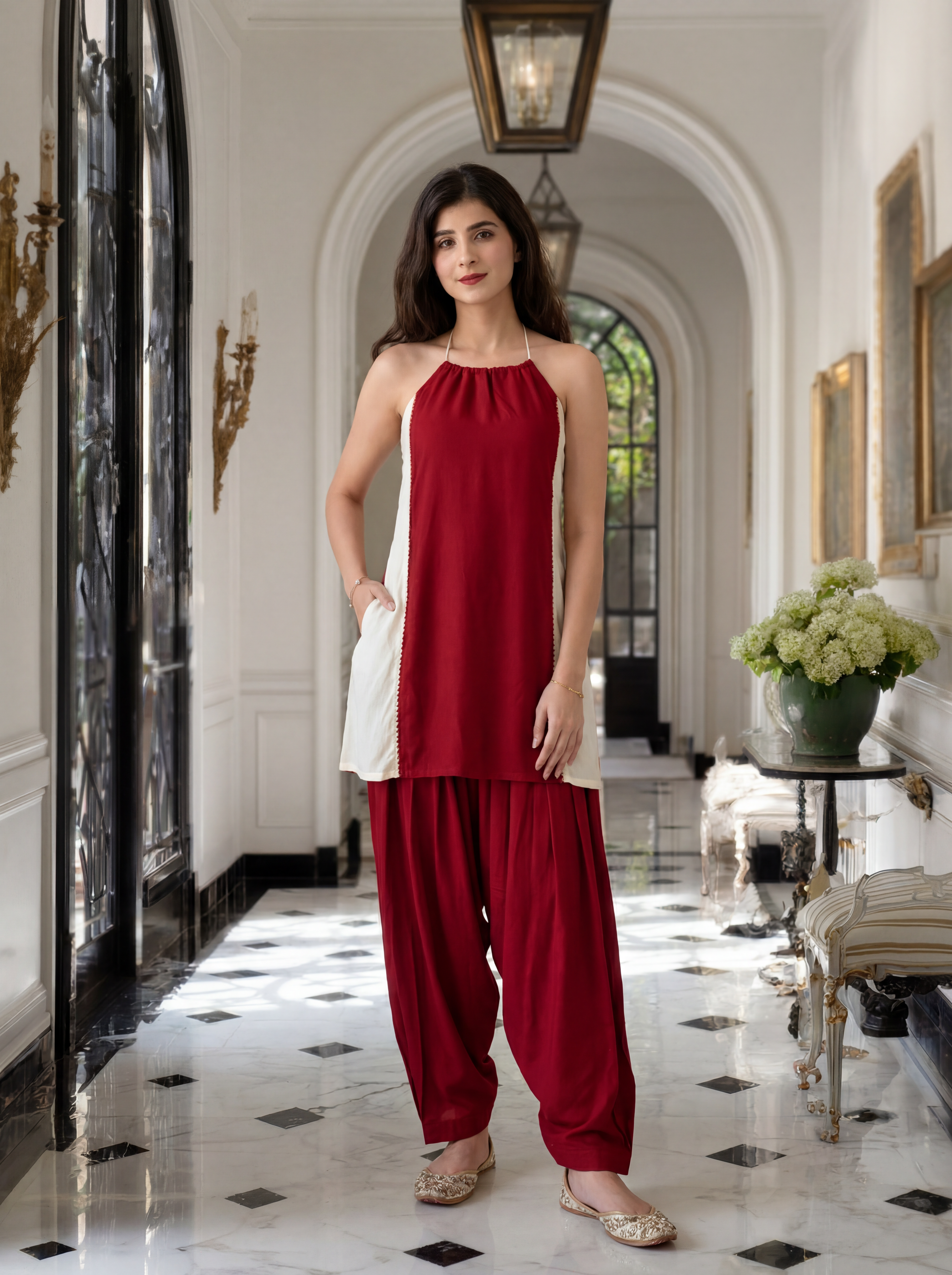 Women's Red & Cream Rayon Halter Neck Open Back Co-Ord Set