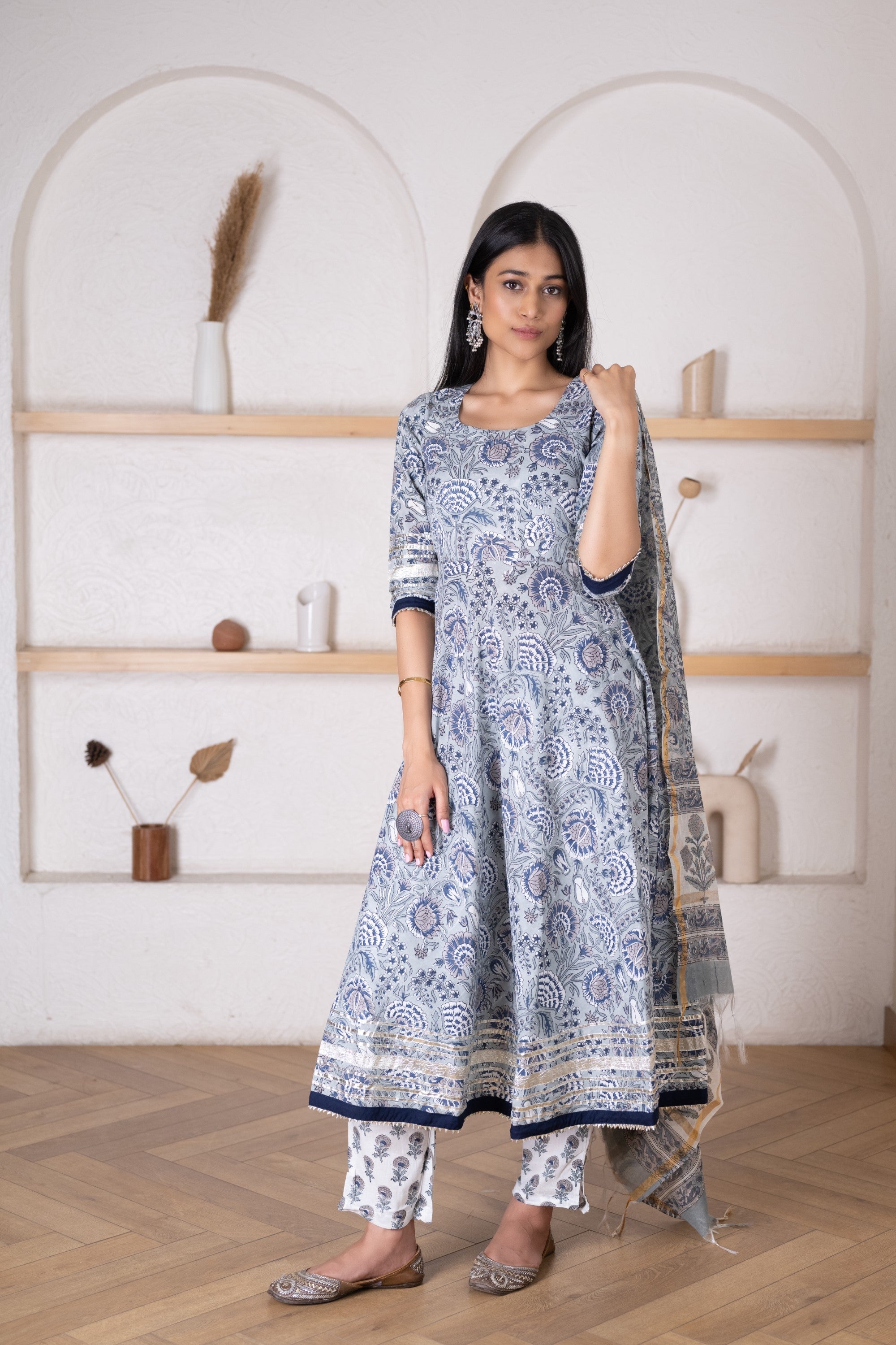 Women's Steel Blue Kurta Dupatta Set with Chanderi Dupatta