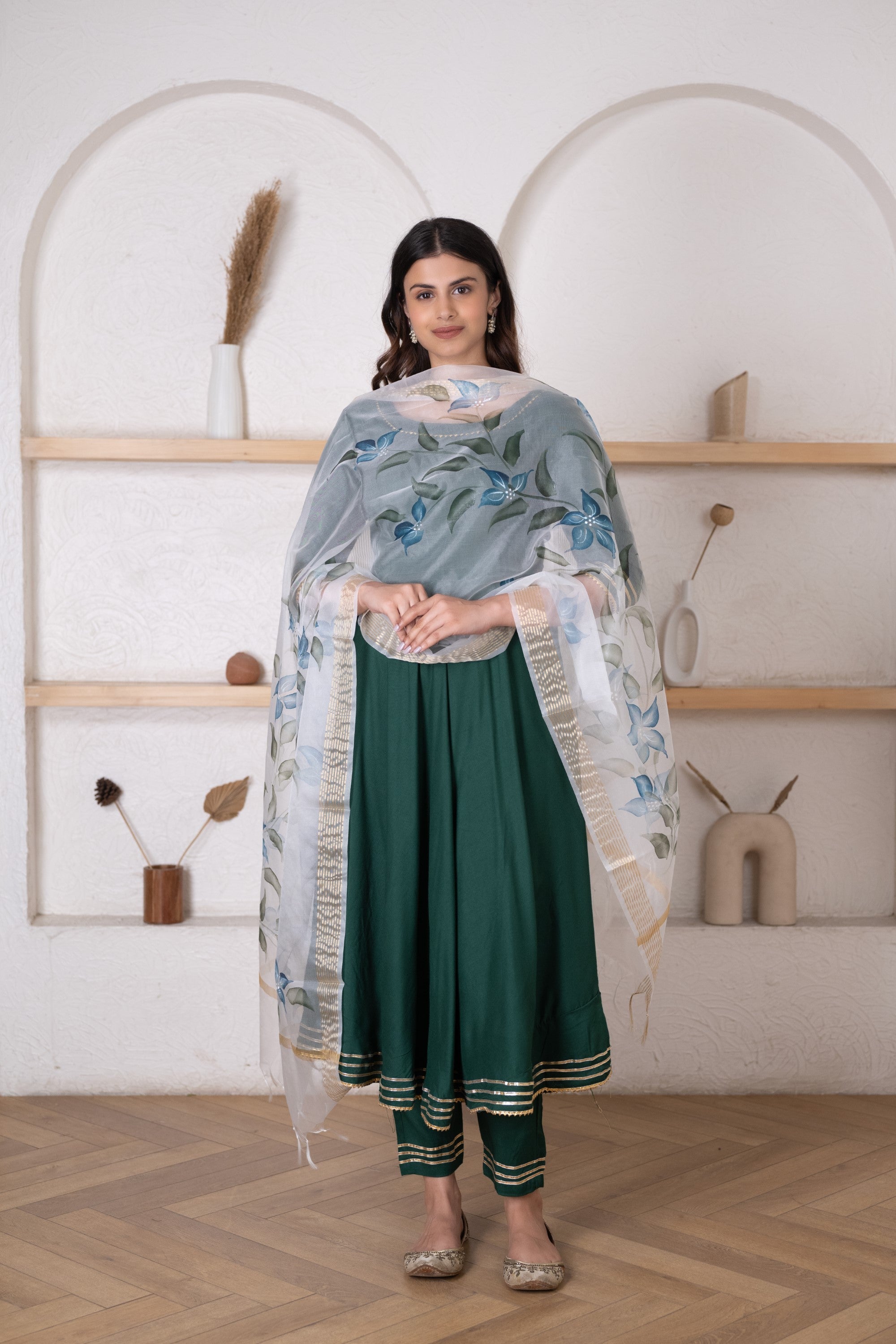 Women's Round Neck Dark Green Solid Anarkali With Handpainted Organza Dupatta
